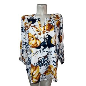 Chicos Womens Size 3 XLarge Floral Split Neck 3/4 Sleeve Blouse White Gold Navy